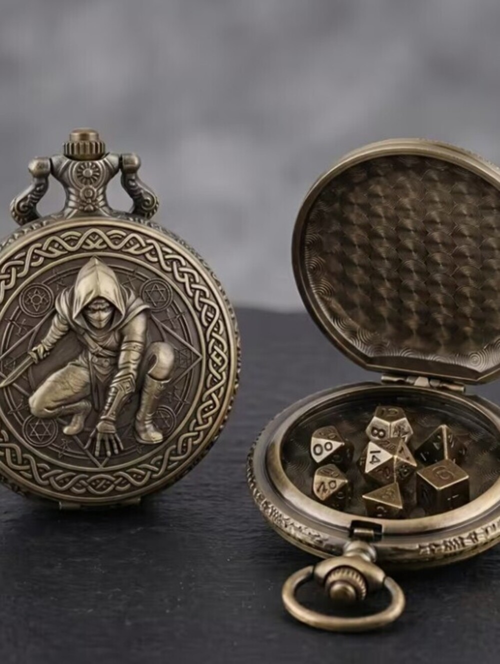 Antique Bronze Pocket Watch with Hidden Dice Set for RPG Games